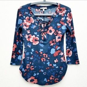 William Rast Blue Waffle Knit Corset Front Top